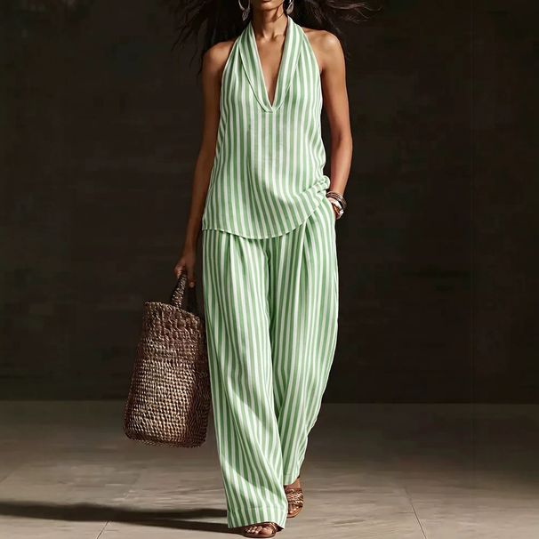 Breathable Linen-Blend Wide-Leg Pants & Halter Top Set, Striped Summer Two-Piece Outfit For Women_ecoleips.com