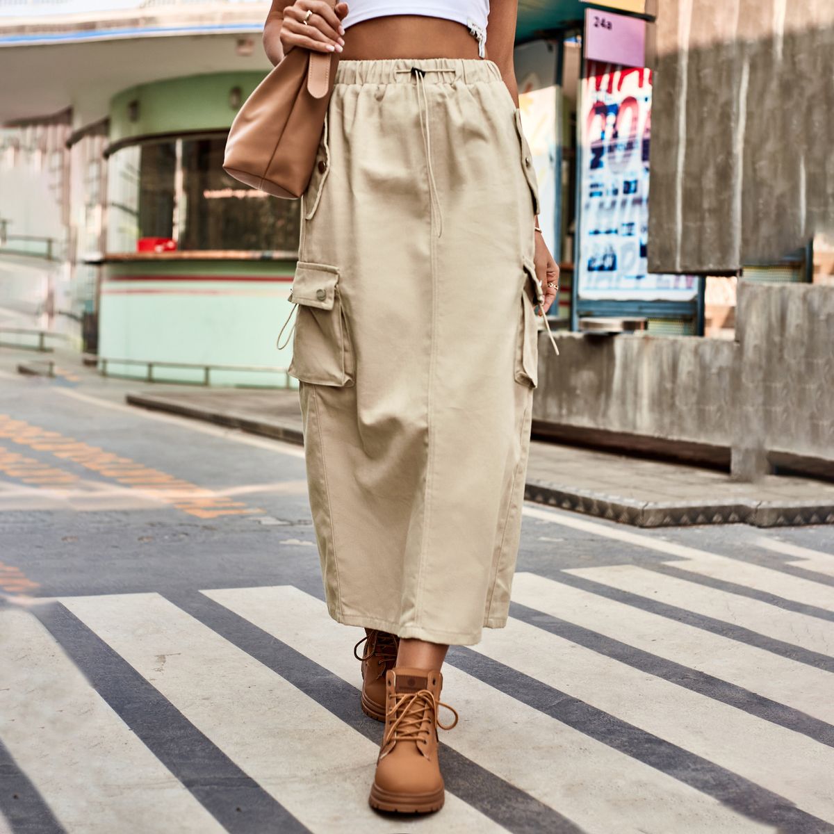 Verve Women's New Heavy Drawstring Design Denim Cargo Midi Skirt_ecoleips.com