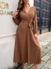 Women's Elegant Crossover V Neck Pleated Dress Autumn/Winter Long Skirt Clothing_ecoleips.com