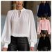 French Style Lantern Sleeve Blouse For Women - Elegant Tie Detail Office Shirt, Chic Ruffle Cuff Pullover Top_ecoleips.com