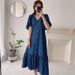Korean Chic Summer Retro V Neck Faux Denim Dress For Women Casual Loose Fit With Ruffle Short Sleeves_ecoleips.com