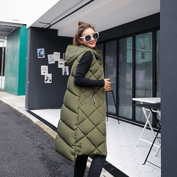 Women's Long Sleeveless Hooded Puffer Vest - Lightweight Quilted Winter Warm Coat For Casual Outfits (Black, Army Green)_ecoleips.com