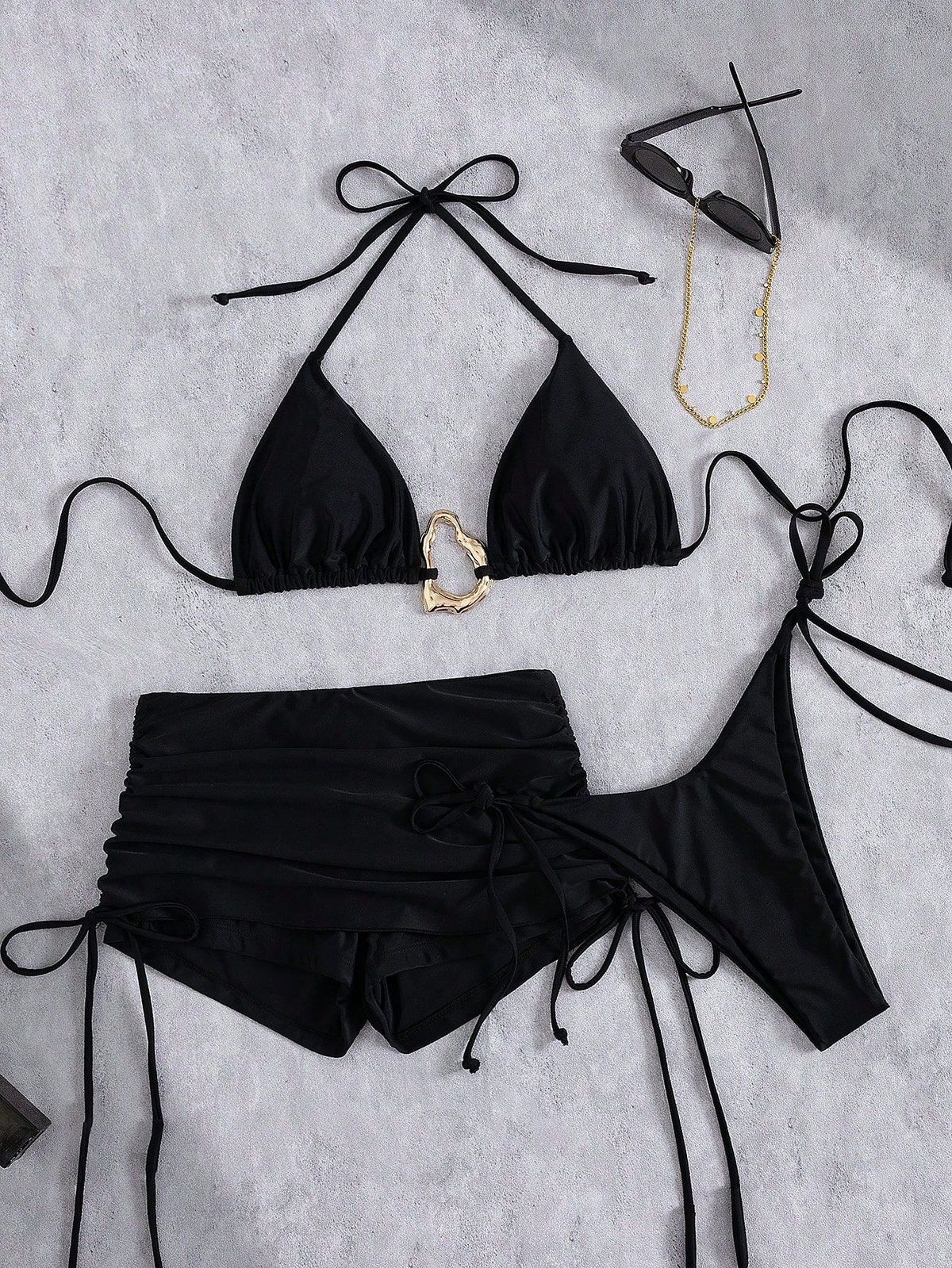 Women's Retro Solid Color Bikini Swimwear Set - Adjustable Ties, Comfortable Fit For Swimming & Beach_ecoleips.com