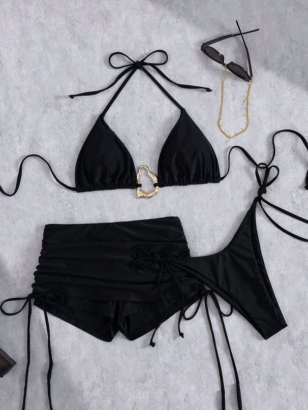 Women's Retro Solid Color Bikini Swimwear Set - Adjustable Ties, Comfortable Fit For Swimming & Beach_ecoleips.com
