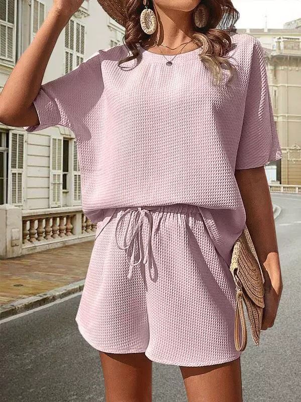 Women's Elegant Two Piece Set Solid Color round Neck Short Sleeve Top Wide Leg Shorts Summer New Arrival Cross Border_ecoleips.com