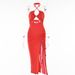 Women Glamorous Figure‑Flattering Maxi Dress With Trendy Halter Neck, Chest‑Accentuating Ruched Detail & Dramatic High Side Slit_ecoleips.com