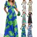 Women's Clothing Slim Waist Jumpsuit V-Neck Short Sleeve Printed Long Pants American Style Polyester Romper_ecoleips.com