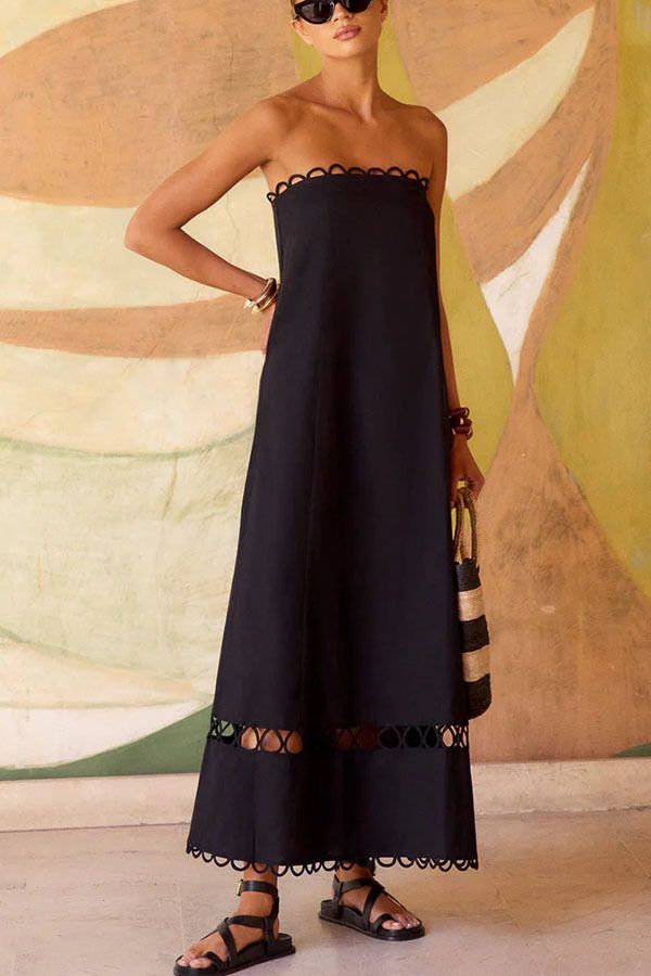 Women's Sleeveless Long Dress Fashion Lace Trimmed Solid Color_ecoleips.com