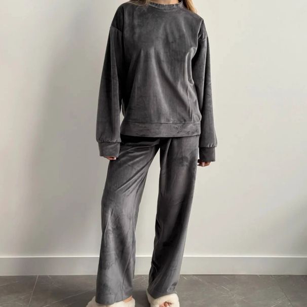 Autumn New Silver Fox Velvet Sleeve Long Pants Warm Comfortable Pajamas Two-Piece Set European And American_ecoleips.com