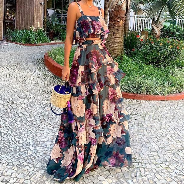 Women's Printed Two-piece Suspender Top + Cake Skirt Long Skirt Suit Women_ecoleips.com