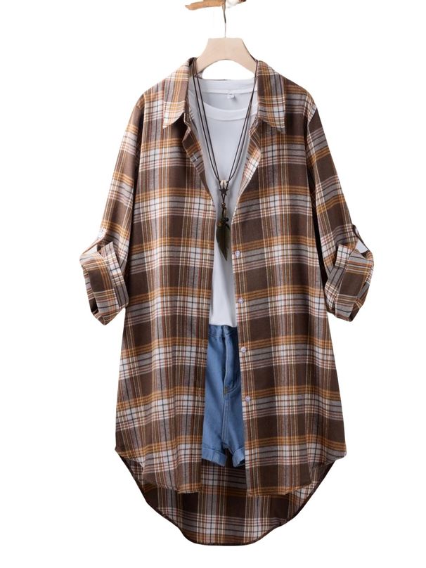 Large Size Women's Spring Long-Sleeved Loose Jacket, Brown Checkered Shirt_ecoleips.com