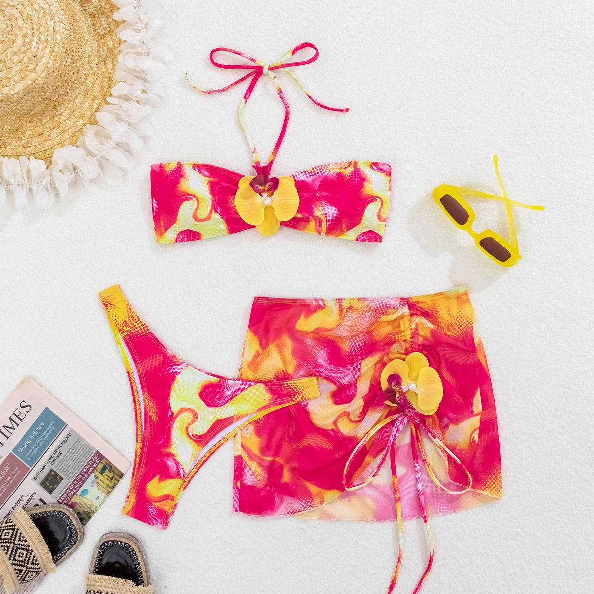 Women's Sexy Floral Print Bandeau Bikini Swimwear Set Adjustable Ties Removable Padding Beach Pool Clothing_ecoleips.com
