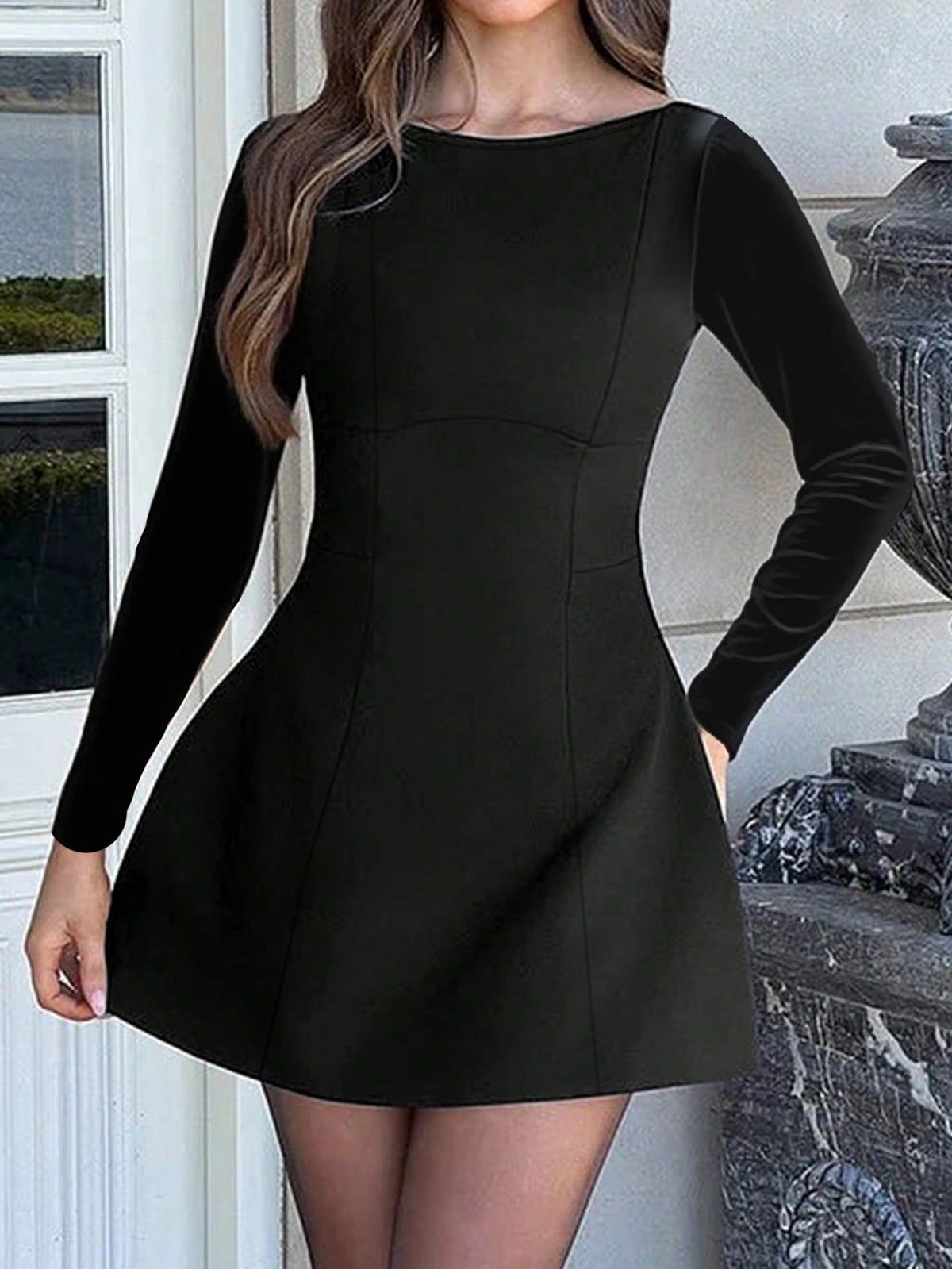 Women Elegant Style Solid Color Long Sleeve Short Mini Dress Casual Daily Party Wear_ecoleips.com