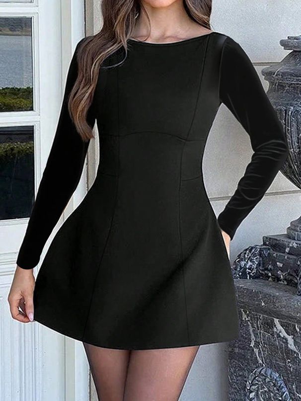 Women Elegant Style Solid Color Long Sleeve Short Mini Dress Casual Daily Party Wear_ecoleips.com