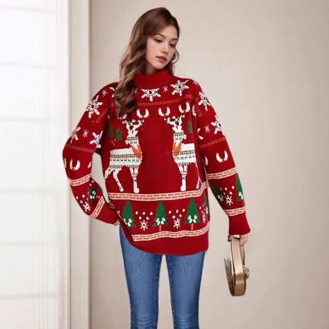 Festive Snowflake Knit Christmas Sweater – Cozy Red Pullover With Jacquard Design For Women (XS-XL)_ecoleips.com