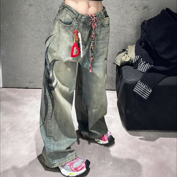 Printed Wide-Leg Jeans For Women - Vintage Washed Denim Pants With Streetwear Graphics (Blue)_ecoleips.com