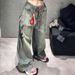 Printed Wide-Leg Jeans For Women - Vintage Washed Denim Pants With Streetwear Graphics (Blue)_ecoleips.com