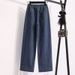 Real Shot Of Loose High-waisted Dark Wash Straight-leg Spring Women's Elastic Waist Plus-size Long Pants, Wide-leg_ecoleips.com