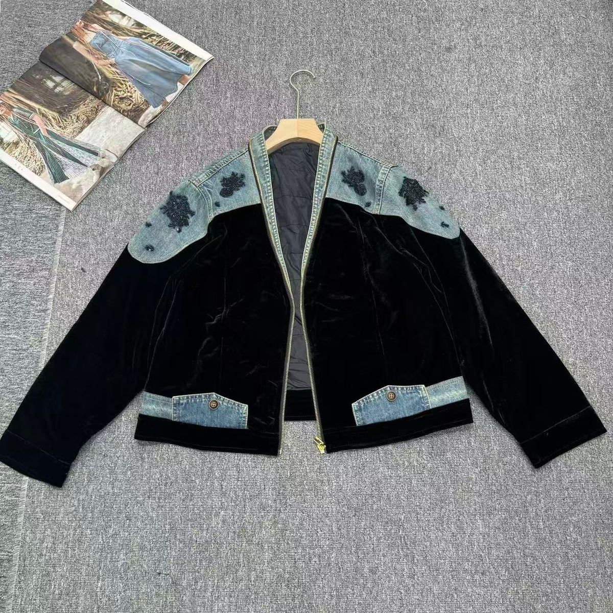 Women's Retro Velvet Patchwork Color Block Jacket Beaded Embroidery Trendy Brand Denim Outerwear Spring Autumn New_ecoleips.com