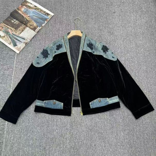 Women's Retro Velvet Patchwork Color Block Jacket Beaded Embroidery Trendy Brand Denim Outerwear Spring Autumn New_ecoleips.com