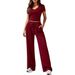 Aria Basics Aria Basics New European American Product: Solid Color Casual Suit With Pleated Short-sleeve Top And High-waisted Wide-leg_ecoleips.com