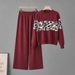 Women's Leopard Print Knit Two Piece Suit round Neck Long Sleeve Top with Casual Wide Leg Pants European American Style for Autumn Winter_ecoleips.com