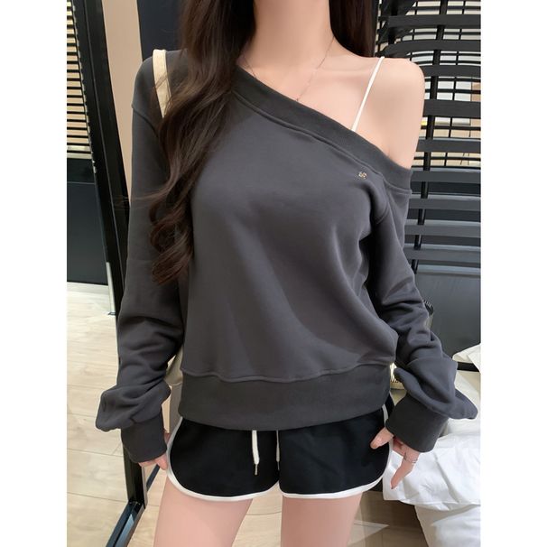 American-style Real-shot Casual Off-shoulder Sweatshirt Women, Spring Autumn, Korean Version, Loose Fit, Versatile,_ecoleips.com