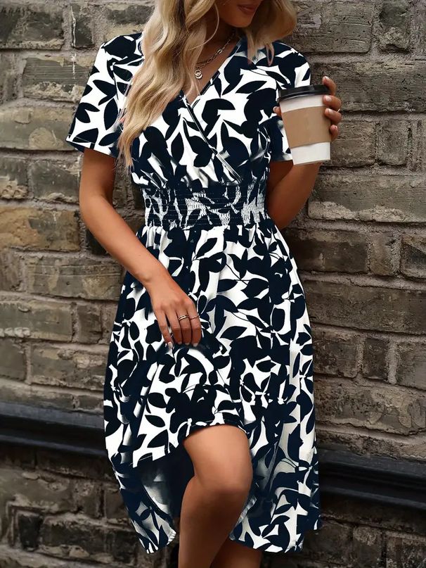 Women's Spring/Summer Short Sleeve V Neck Dress Leaf Print Full Skirt Waist Cinching Fairy Dress_ecoleips.com
