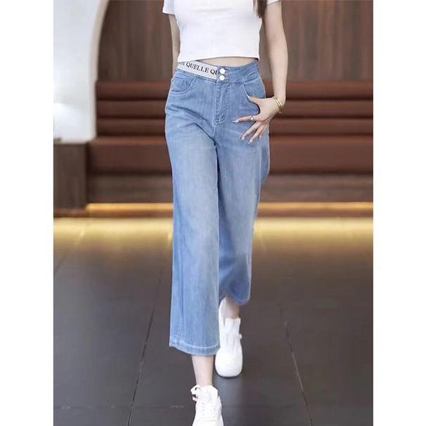 Women's Summer Thin Straight Leg Jeans Loose Fit Elastic Waist Cropped Wide Leg Pants Plus Size Pear Shaped Figures_ecoleips.com