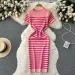 Summer Striped Beach Knitted Dress O Neck Short Sleeves Chic Hotsweet Slim Sundress Streetwear Y2K Bodycon Midi Dress_ecoleips.com
