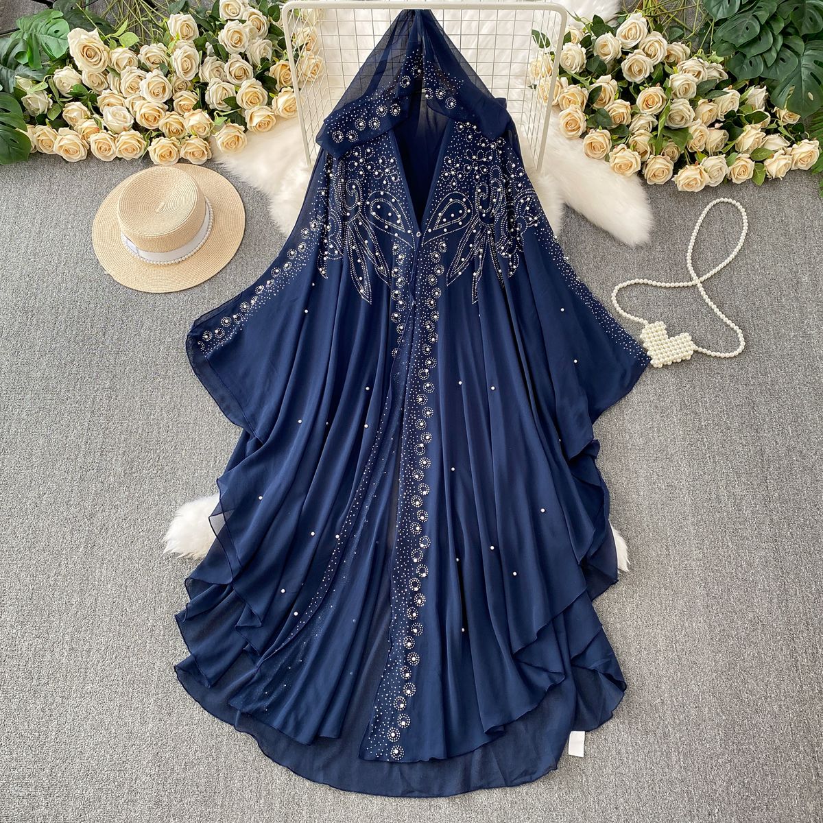 Women's Clothing Rhinestone Studded V Neck Hooded Dress Bell Sleeve Long Chiffon Asymmetrical Elegant Export Grade_ecoleips.com