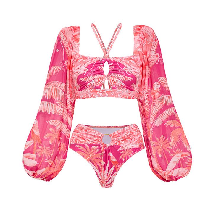 Pink Sweet Girl Long Sleeved Two Piece Swimsuit Set American Style For Women Vacation Sexy Polyester Bikini 2025_ecoleips.com
