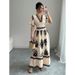 Women's Clothing Summer Retro Print Dress V Neck Gathered Waist A Line Long Real Photo In Stock_ecoleips.com