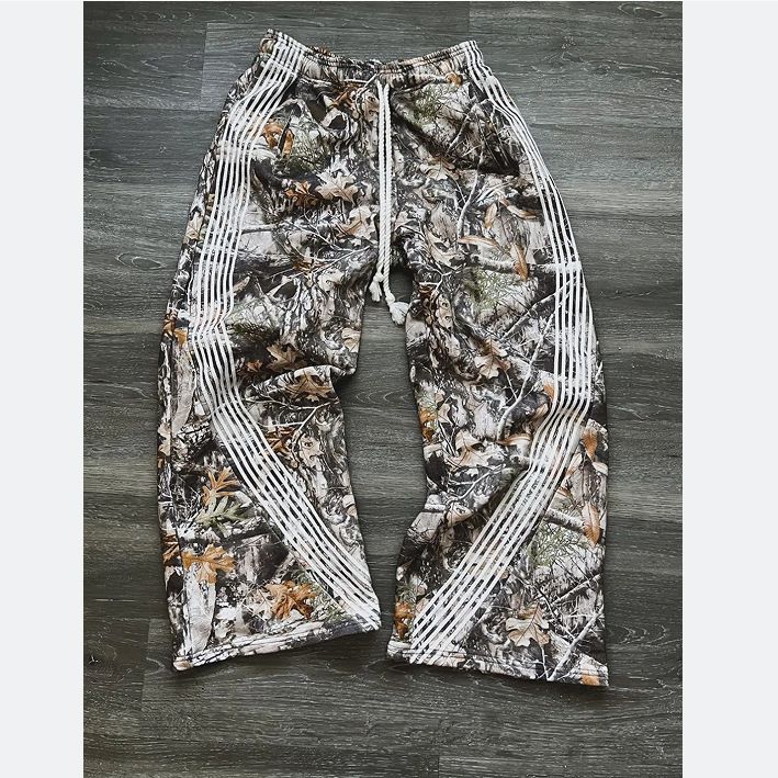 Women's Clothing Retro High Street Overalls Leaf Camouflage Functional Heavy Duty Striped Wide Leg Pants Loose Casual Pants_ecoleips.com
