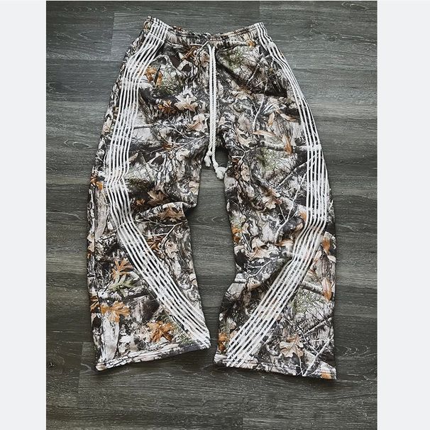 Women's Clothing Retro High Street Overalls Leaf Camouflage Functional Heavy Duty Striped Wide Leg Pants Loose Casual Pants_ecoleips.com
