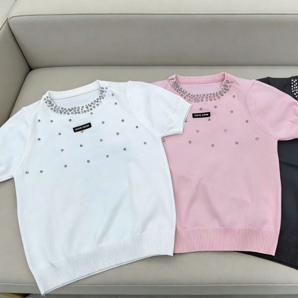 Luxury Style Letter Jacquard Short-Sleeve Heavy-Duty Studded Knit 2026 Summer New Round-Neck Top For Women_ecoleips.com