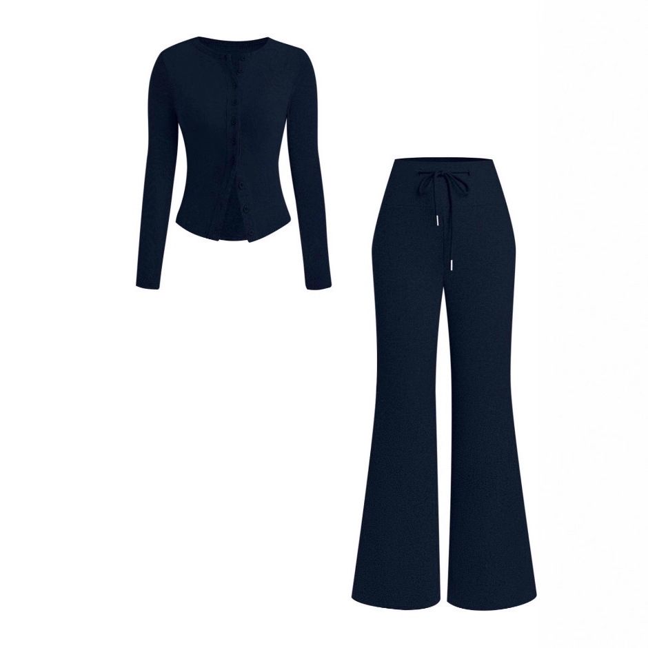 Women's Stretch Knit Lounge Set – Slim-Fit Button-Up Top & Wide-Leg Pants (S-XXL, 7 Colors) | Ribbed Texture & All-Season Comfort_ecoleips.com