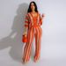 Women's clothing sexy ladies V-neck hollow striped lapel knitted wide pants suit_ecoleips.com