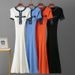 Women's High-End Denim & Knit Maxi Dress - Slim Waist Summer Long Skirt With Short Sleeves & Splicing Detail_ecoleips.com