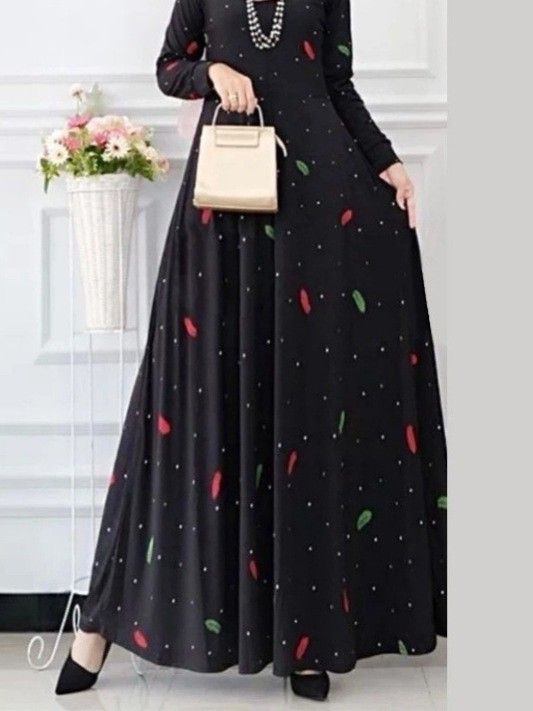 Women's Casual Fashion Dress in Stock Leaf And Polka Dot Print Long Sleeved Bohemian Style Full Skirt Cross Border_ecoleips.com