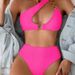 Solid Color Ribbed One-Shoulder Bikini Set – Adjustable Metal Buckle & Comfortable Fit (Stylish Swimwear For Women)_ecoleips.com