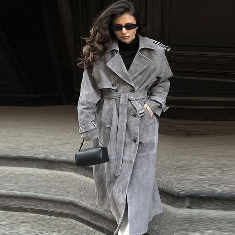 Classic Double-Breasted Long Wool Blend Coat, Oversized Trench Coat For Women, Fall Winter Casual Outerwear (Gray/Brown)_ecoleips.com