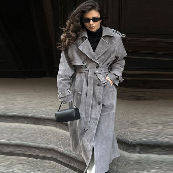 Classic Double-Breasted Long Wool Blend Coat, Oversized Trench Coat For Women, Fall Winter Casual Outerwear (Gray/Brown)_ecoleips.com