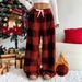 Women's Plaid Print Casual Wide-Leg Pants With Tie Waist - Soft Polyester Fabric, Comfortable & Stylish For Autumn & Winter_ecoleips.com