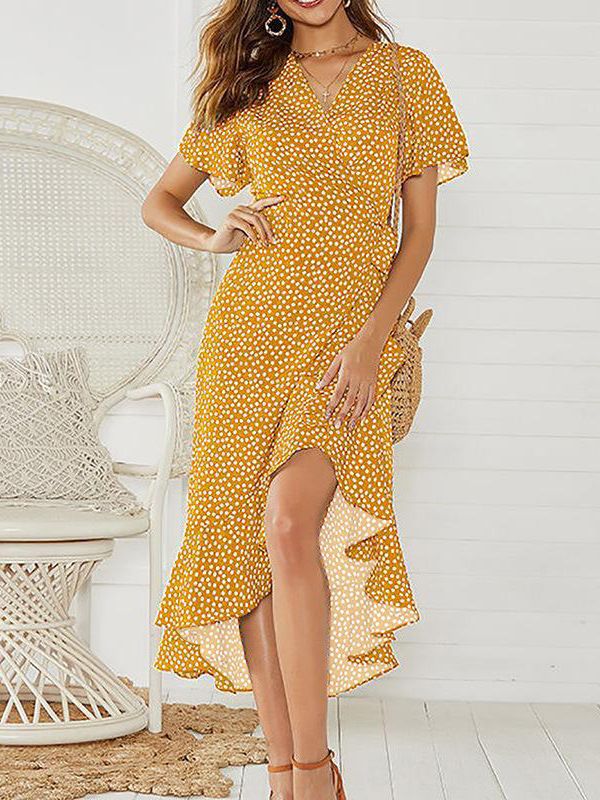 Women's Clothing Sexy V Neck Irregular High Waist Tie Chiffon Print Sweet Temperament Dress_ecoleips.com