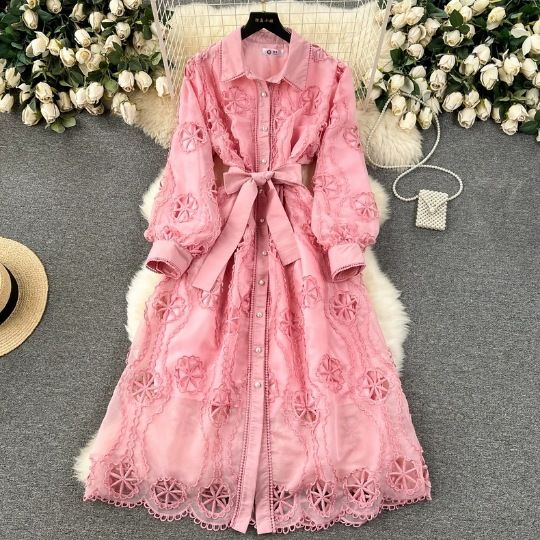 Palace Style Dress For Women New Heavy Industry Embroidery Hollow Flower Breasted Slim Mid Length Puff Sleeve Dress_ecoleips.com