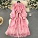 Palace Style Dress For Women New Heavy Industry Embroidery Hollow Flower Breasted Slim Mid Length Puff Sleeve Dress_ecoleips.com