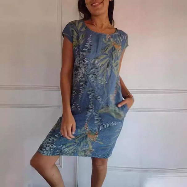 Women's Round-Neck, Loose-Fitting, Short-Sleeved, Printed Dress With Pockets_ecoleips.com