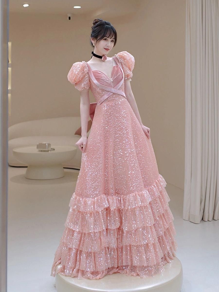 Sparkly Pink Slim Fit Deep V Neck Princess Style Dress European American Elegant Evening Gown for Brides Banquets_ecoleips.com