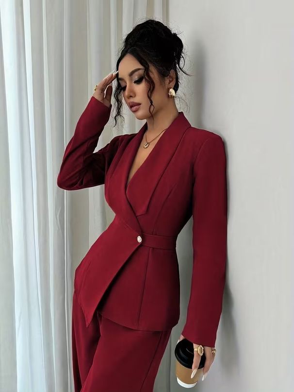 European American Women's Fashion Spring Autumn Casual Suit, Ladies' Solid Color V-neck Long Blazer And Wide-leg Pants_ecoleips.com